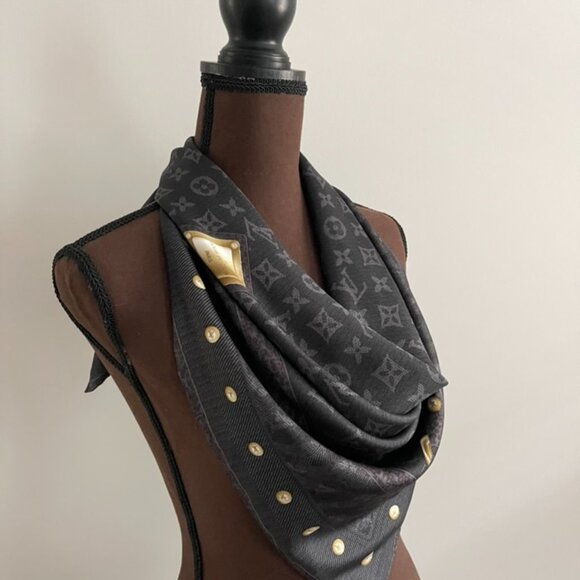 New Louis Vuitton Scarf Monogram Denim Blask Gray Square Silk Wrap - Picture 9 of 16
